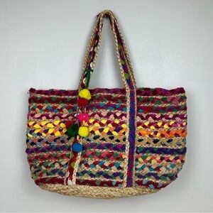 America & Beyond multi color jute beach tote